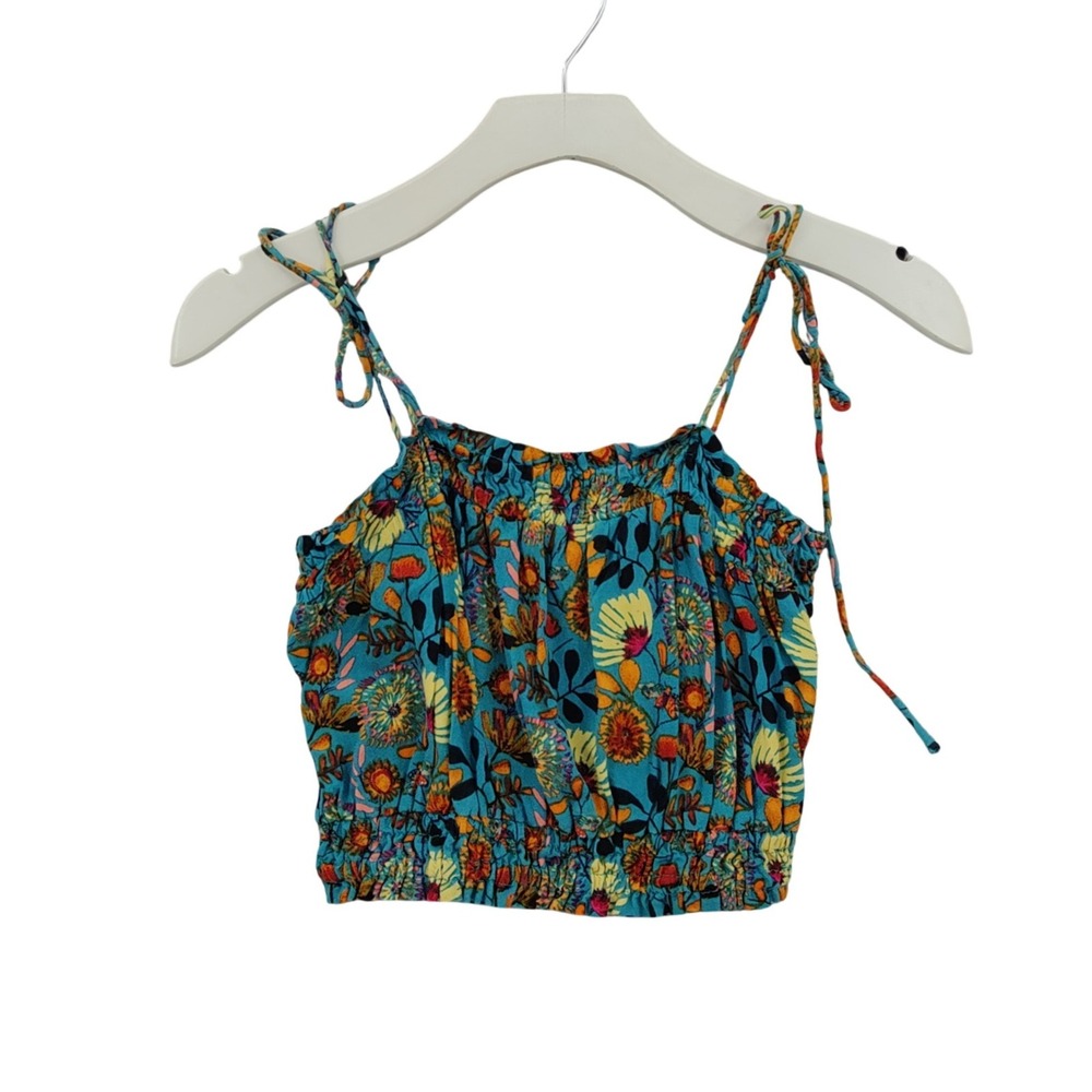 Natural Life Womens Festival Floral Smocked Cami Crop Top XS Teal Blue Bohemian